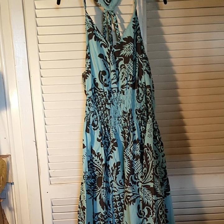 Nwt Shana Magic Long Teal Brown Classic Leaves Thin Strap Dress Sz 2xd